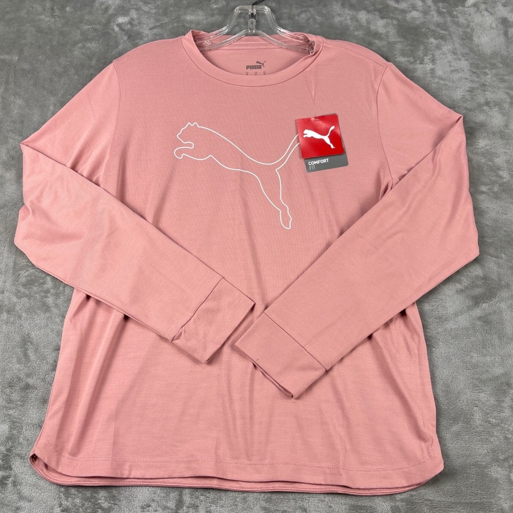 Puma Womens Comfort Fit Long Sleeve Graphic T-Shirt Rose Pink Logo‎ Medium NWT
